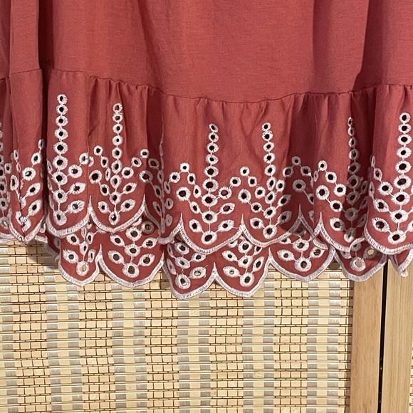 FEVER Womens S TUNIC TOP Burnt Orange Eyelet Scalloped Bell 3/4 Sleeve Boho - Picture 4 of 11